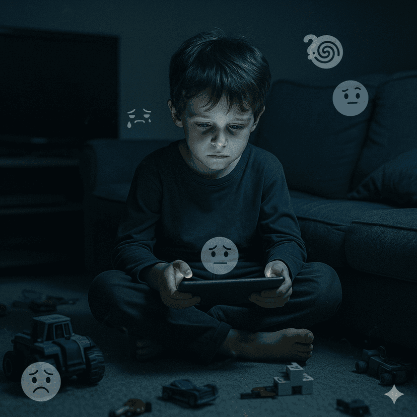 Criança isolada e vidrada em tela, com luz azul no rosto.