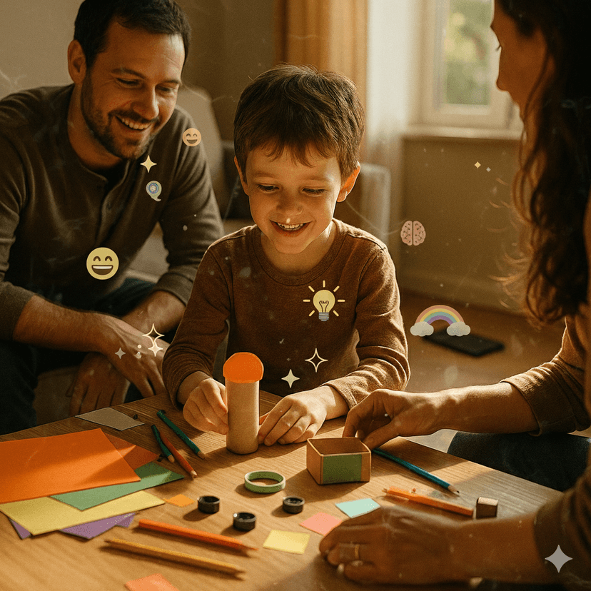 Criança sorrindo e criando com os pais, sem telas por perto.